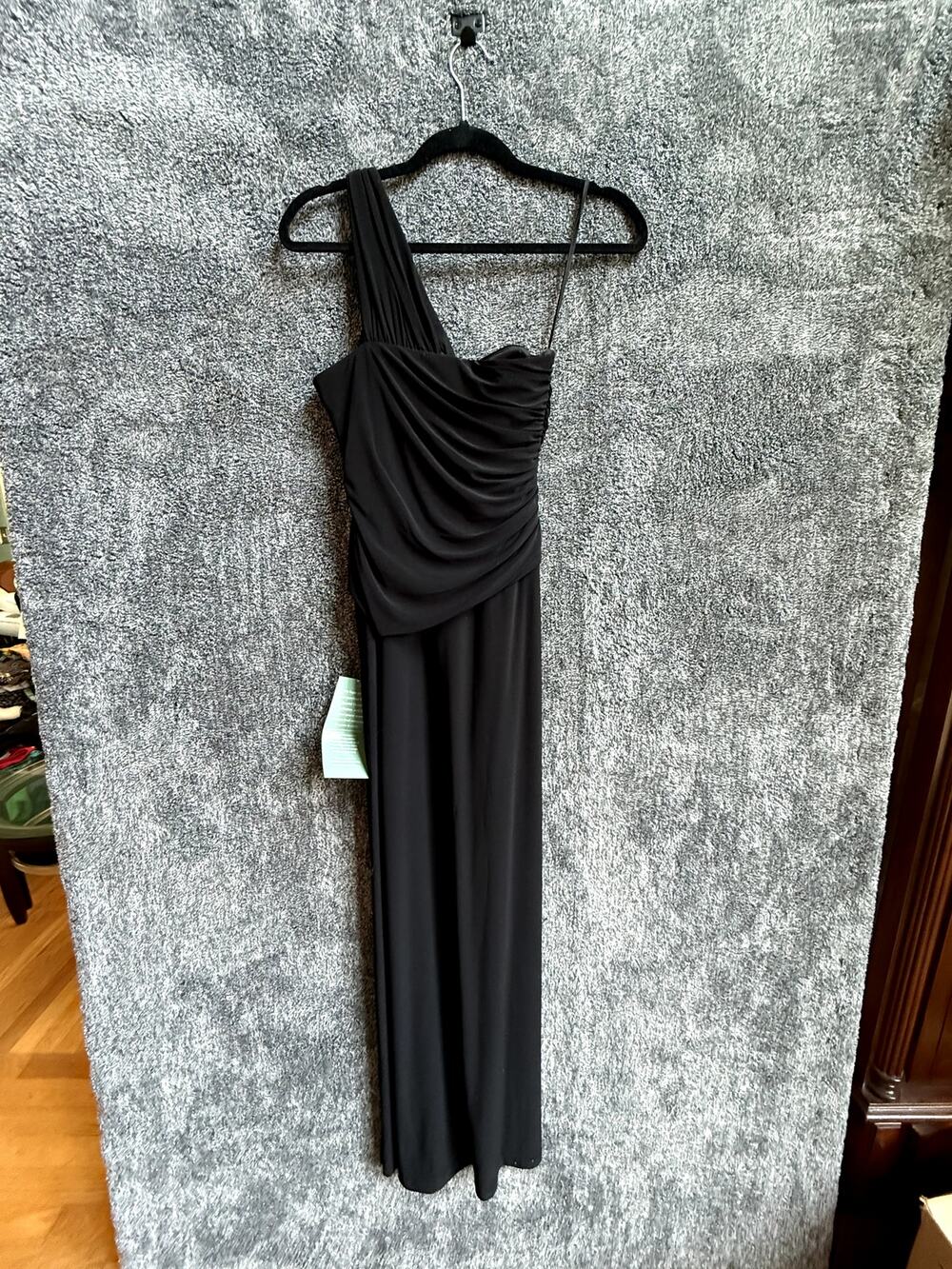 Midi Formal Dress Black Ruched One-Shoulder Size 4P NWT